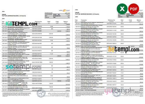 UAE Mashreq bank statement template in Excel and PDF format, 3 pages