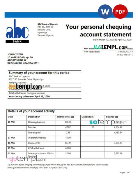 Uganda ABC Bank of Uganda proof of address bank statement template in Word and PDF format