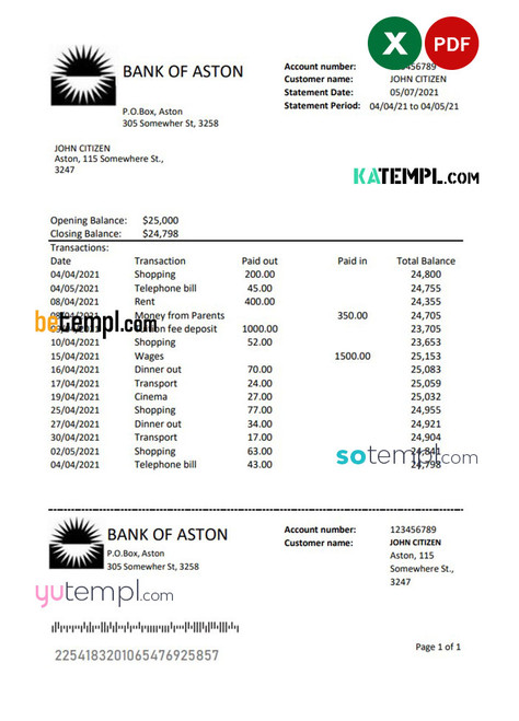 United Kingdom Bank of Aston bank statement easy to fill template in Excel and PDF format