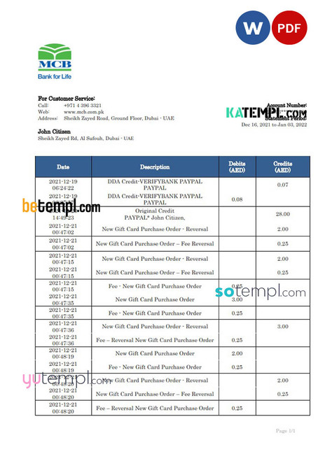 United Arab Emirates MCB bank statement template in Word and PDF format