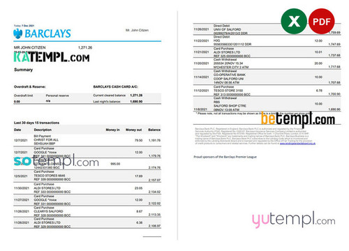 United Kingdom Barclays bank statement template in Excel and PDF format, version 3 (2 pages)