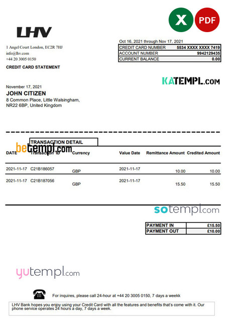 United Kingdom LHV Group bank statement in Excel and PDF format