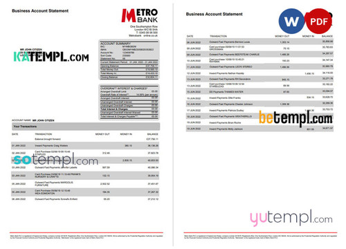 United Kingdom Metro bank business account statement Word and PDF template, 4 pages