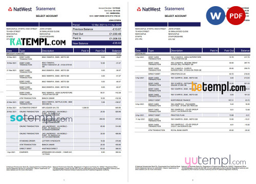 United Kingdom NatWest bank account statement template in Word and PDF format, 2 pages