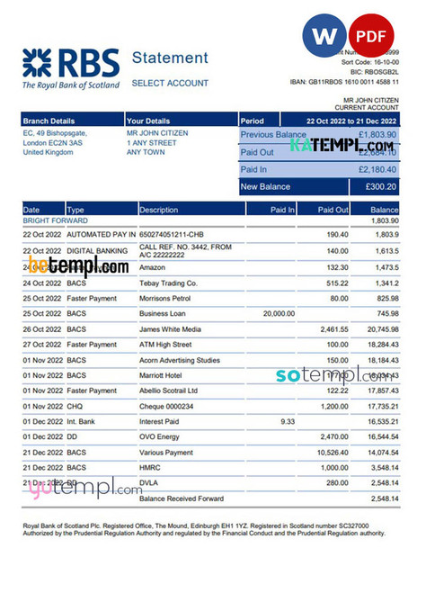 United Kingdom Royal Bank of Scotland (RBS) bank statement, Word and PDF template
