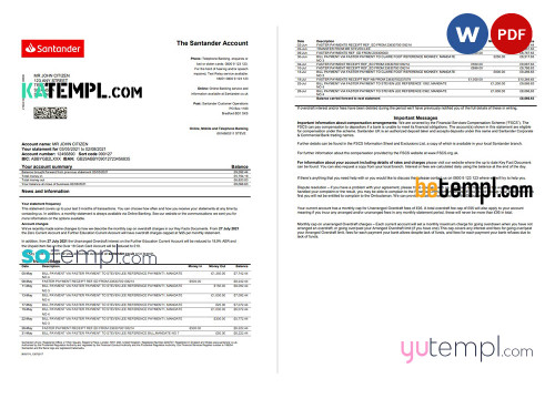 United Kingdom Santander bank statement template in Word and PDF format (2 pages)