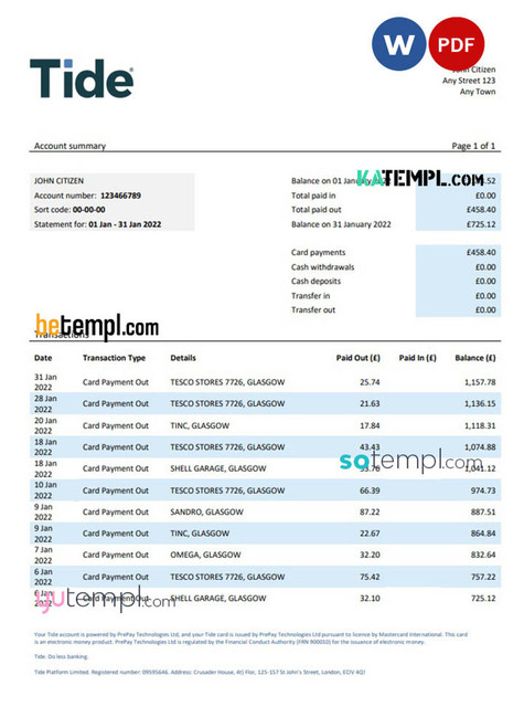 United Kingdom Tide bank statement, Word and PDF template