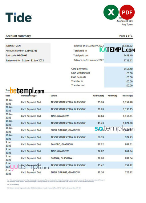 United Kingdom Tide bank statement, Excel and PDF template