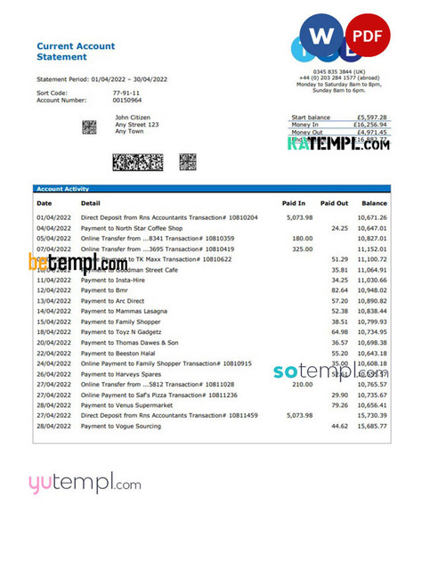 United Kingdom TSB bank statement, Word and PDF template