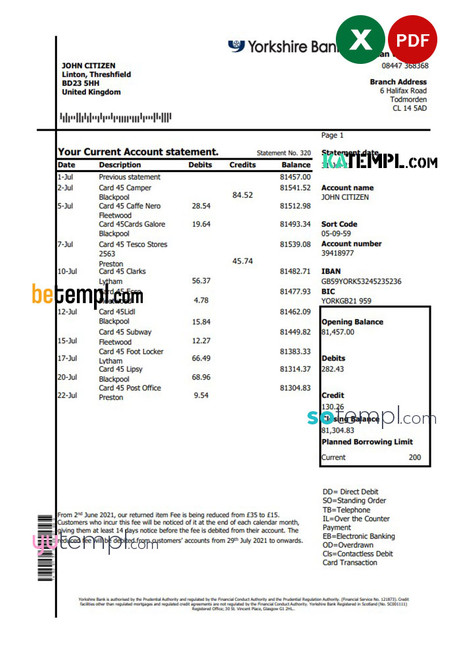 United Kingdom Yorkshire bank statement easy to fill template in Excel and PDF format