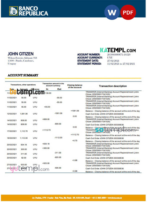 Uruguay Banco De La Republica Oriental Del Uruguay bank statement template in .doc and .pdf format