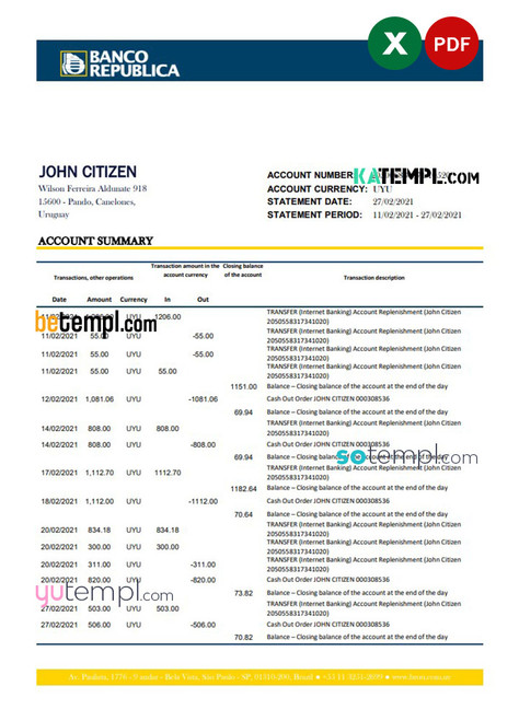 Uruguay Banco De La Republica Oriental Del Uruguay bank statement template in .xls and .pdf file format