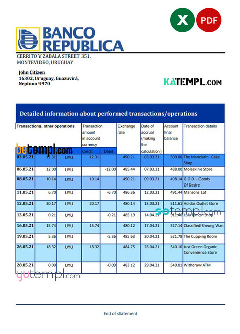 Uruguay Banco de la República Oriental del Uruguay bank statement template in Excel and PDF format, good for address prove