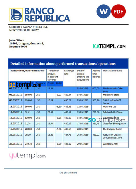 Uruguay Banco de la República Oriental del Uruguay bank statement template in Word and PDF format, good for address prove