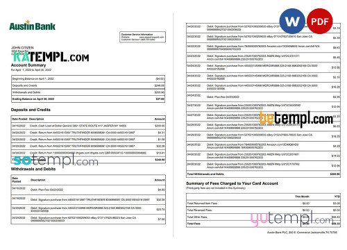 USA American Express Personal Savings bank statement Word and PDF template, 4 pages