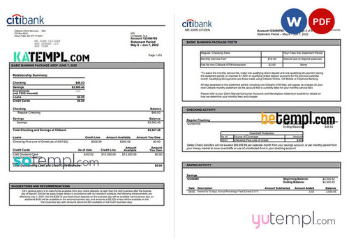 USA Citibank bank statement, Word and PDF template, 6 pages