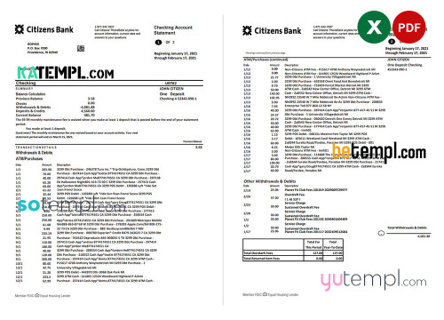 USA Citizens bank statement template in Excel and PDF format, (4 pages) good for address prove
