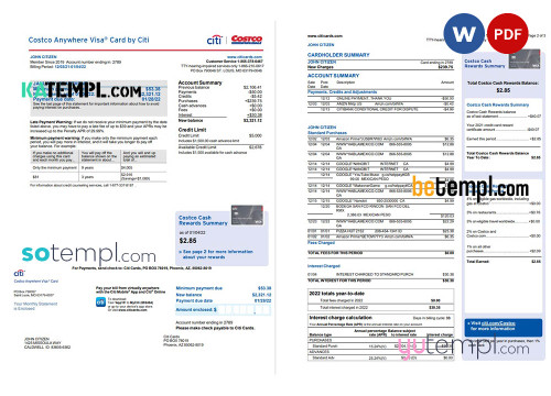 USA Costco Anywhere Visa Card by Citi bank statement, Word and PDF template, 4 pages