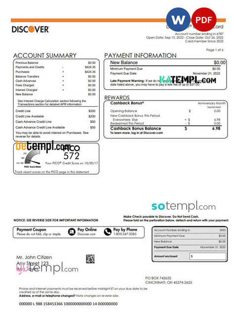 USA Discover bank statement, Word and PDF template, 5 pages