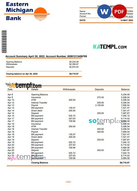 USA Eastern Michigan bank account statement Word and PDF template