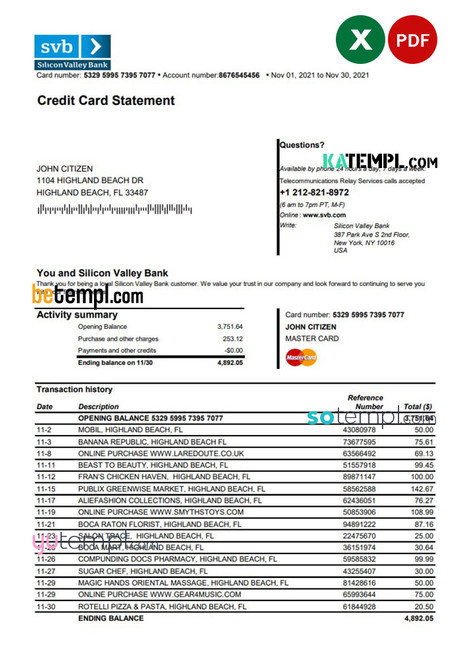 USA Florida Silicon Valley bank credit card statement template in Excel and PDF format