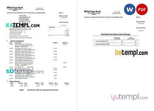 USA Heritage bank statement template in Word and PDF format (3 pages)