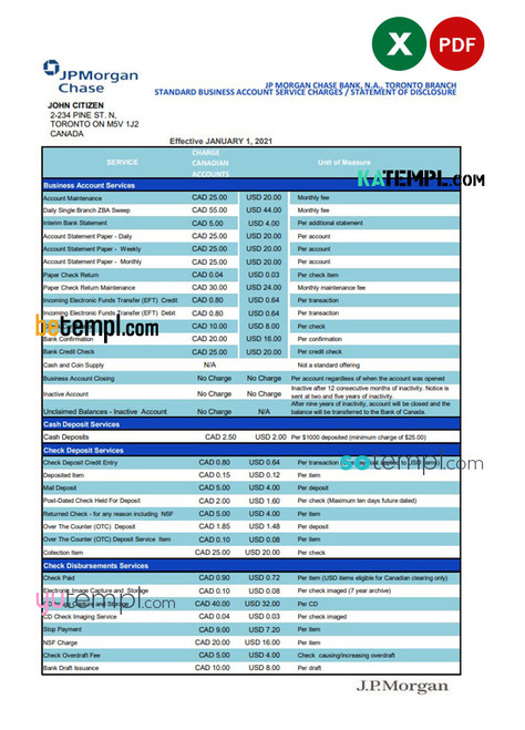 USA JP Morgan Product Name * Chase bank statement template in .xls and .pdf file format