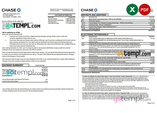 USA JP Morgan Chase bank statement template in .xls and .pdf file format, 2 pages
