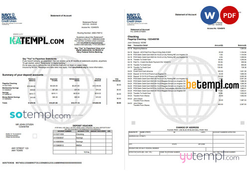 USA Navy Federal bank statement, Word and PDF template, 9 pages