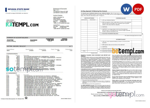 USA Nevada State Bank anytime checking statement, Word and PDF template, 4 pages