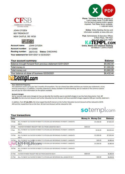 USA New York CFSB bank statement template in Excel and PDF format