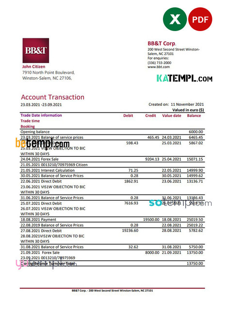 USA North Carolina BB&T Corp. bank statement template in Excel and PDF format