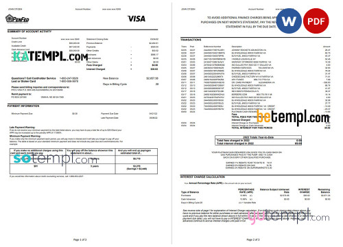 USA Pentagon Federal Credit Union (PenFed) bank statement, Word and PDF template, 3 pages