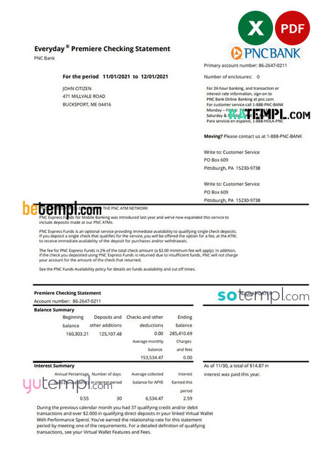 USA PNC bank statement template in .xls and .pdf file format