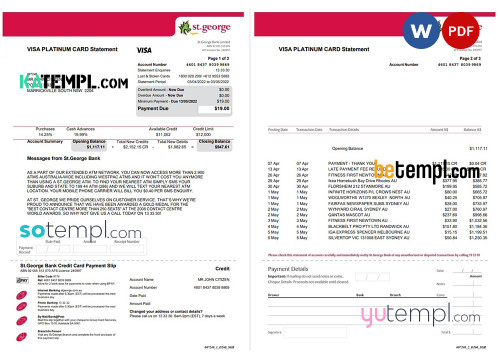 USA St. George bank visa card statement, Word and PDF template, 3 pages