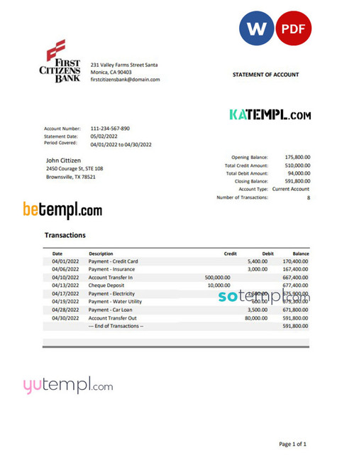 USA Texas First Citizens bank statement Word and PDF template