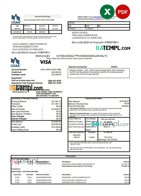 USA USAA bank Credit card statement template in Excel and PDF format