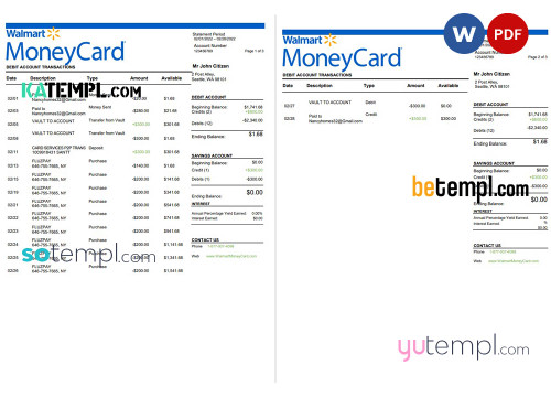 USA Walmart MoneyCard bank statement Word and PDF template, 3 pages
