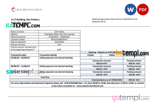 Vanuatu Asia Merchant bank statement template in Word and PDF format
