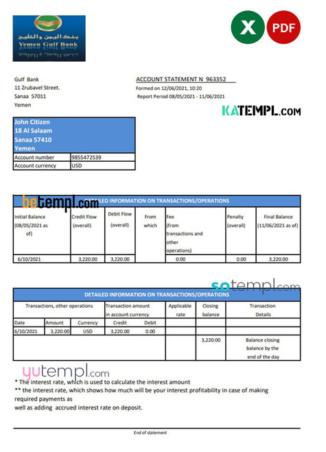 Yemen Gulf Bank statement template in Excel and PDF format