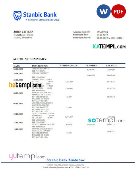 Zimbabwe Stanbic Bank statement template in Word and PDF format