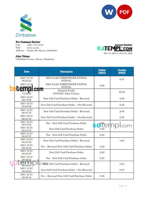 Zimbabwe Standard Chartered Bank statement template in Word and PDF format