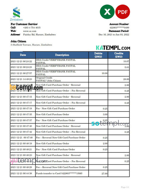 Zimbabwe Standard Chartered bank statement, Excel and PDF template