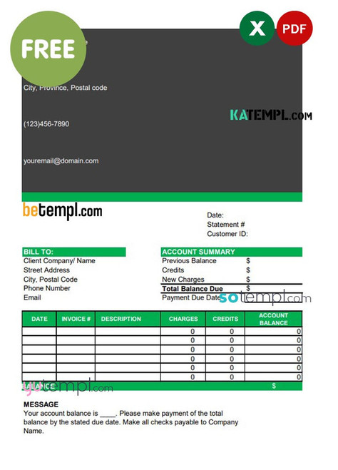 bank account statement sample, Excel and PDF format