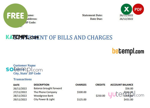 bank statement of bills and charges, Excel and PDF template