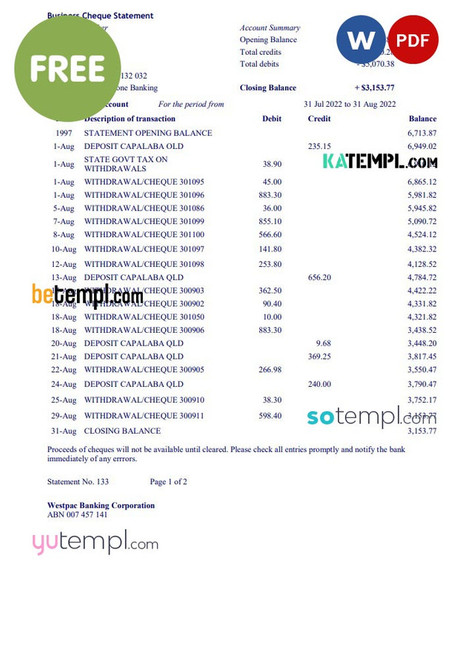 business cheque statement Word and PDF template