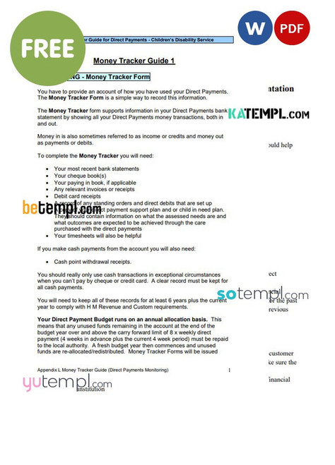 money tracker guide for direct payments – bank statement example, Word and PDF format