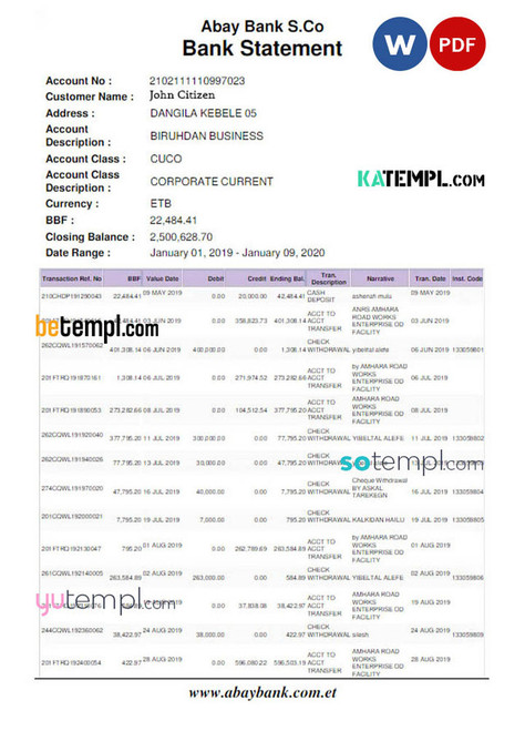 ETHIOPIA ABAY bank statement Word and PDF template