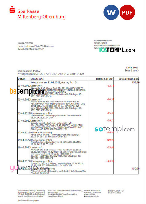 GERMANY SPARKASSE MITENBERG-OBERNBURG bank statement Word and PDF template