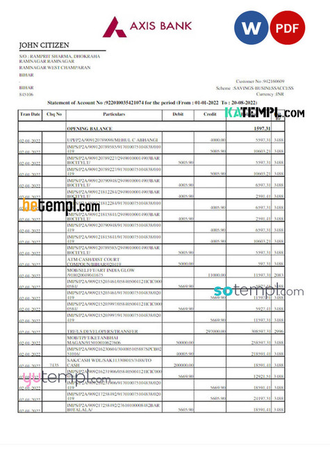 INDIA AXIS bank statement Word and PDF template, version 2